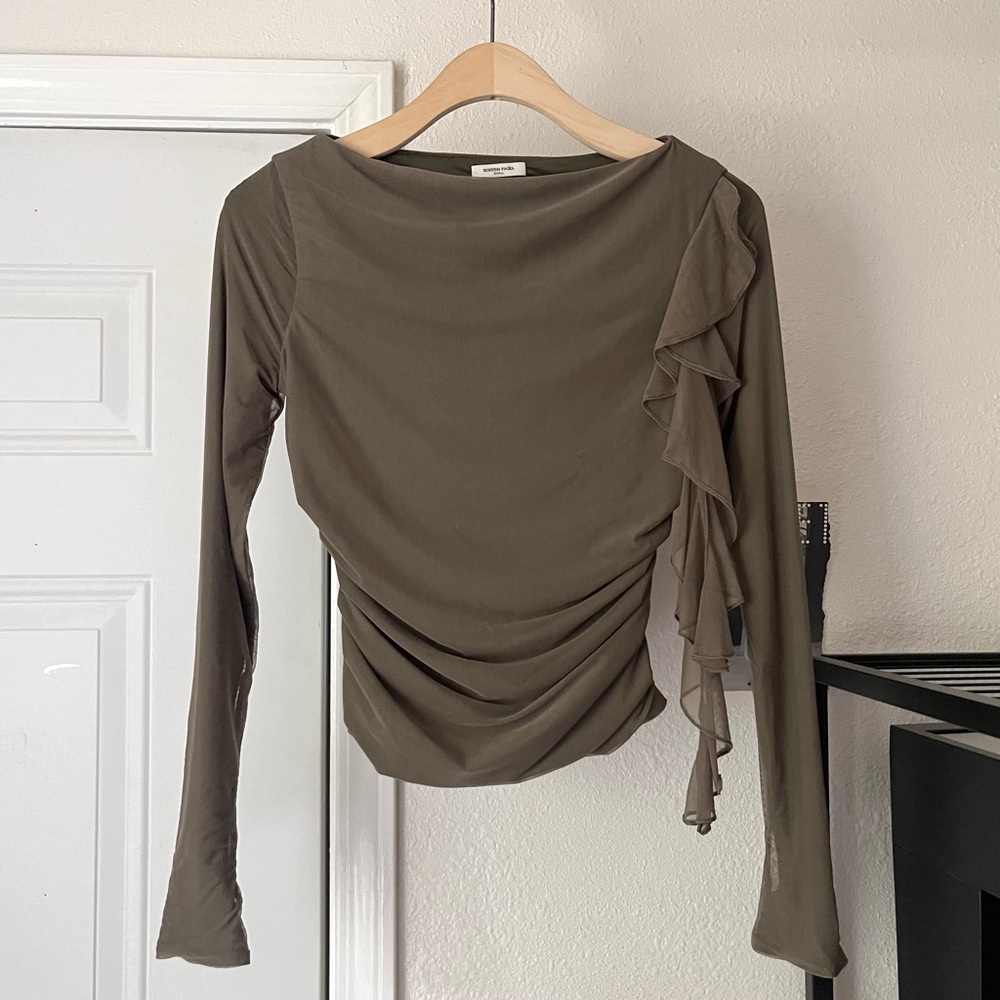 MISTRESS ROCKS tan brown mesh knit boat neck long sleeve ruffle cropped top